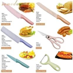 Colorful Kitchen Knives Set of 6 PCS (cks6) Cute Fruit Knife Set with Gift Box, High Carbon Steel Kitchen Knife Set without Block, Environmental Wheat Straw Material Handle, Sharp Professional Chef Knife
