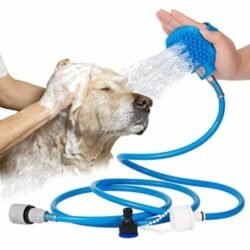 This multi functional pet bathing tool combines spray header and brush, convenient for bathing and massaging your pet With an adjustable strap, is suitable for all size hands and can attach to your hand securely Perfect water pressure and the soft brush w