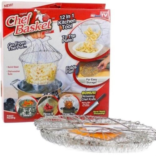 Homebakers Mart cb Chef Basket Solid Steel 12 in 1 Chef Cooking Net Basket for Deep Fry, Boiling, Steam (Stainless Steel)